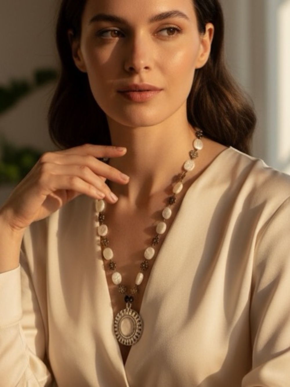 White and Gold Link Necklace with faux Mother of Pearl - 16”.